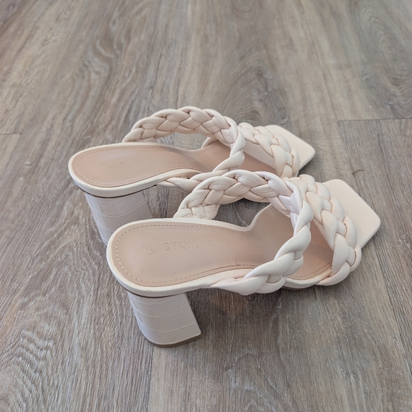 Women's Braided Heeled Sandals Backless Square Open Toe Block Slide Sandals - Picture 3 of 5